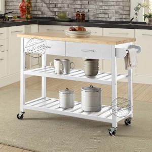 Movable White Kitchen Island with Storage Shelves Kitchen Cart on Wheels 102052