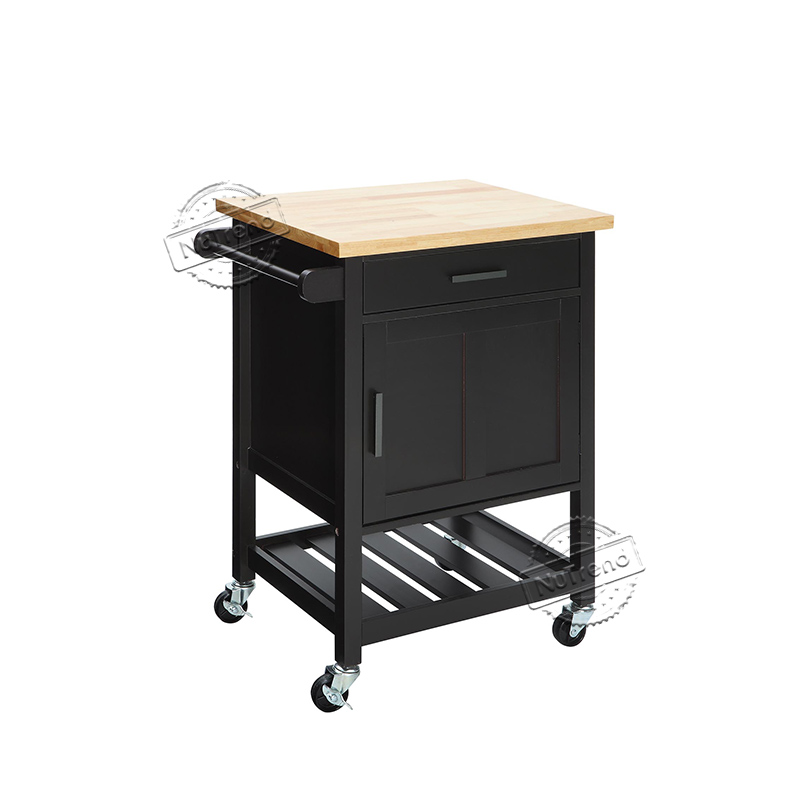 Rubber Wood Top Black Rolling Kitchen Trolley Cart 102053