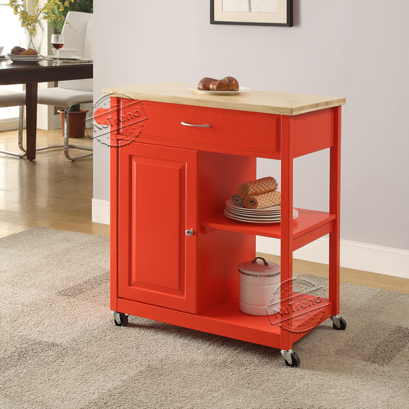 China 102064 Red Microwave Kitchen Island Cart with Solid Wood Top