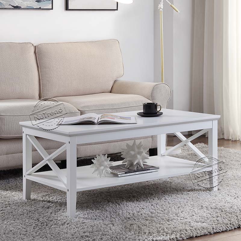 White Coffee Table with Storage Shelf Rectangle Coffee Table with X-Shaped Frame for Living Room 203340