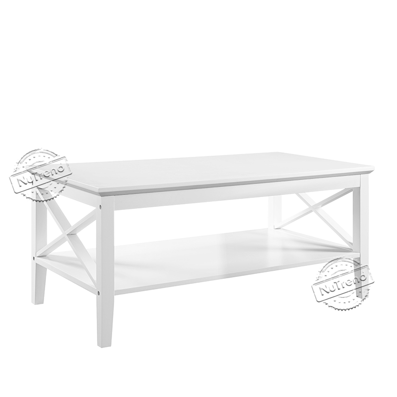 White Coffee Table with Storage Shelf Rectangle Coffee Table with X-Shaped Frame for Living Room 203340