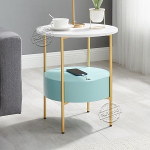 Modern Gold Metal End Table Round Side Table Sofa Table with 2 USB Port for Living room 203494