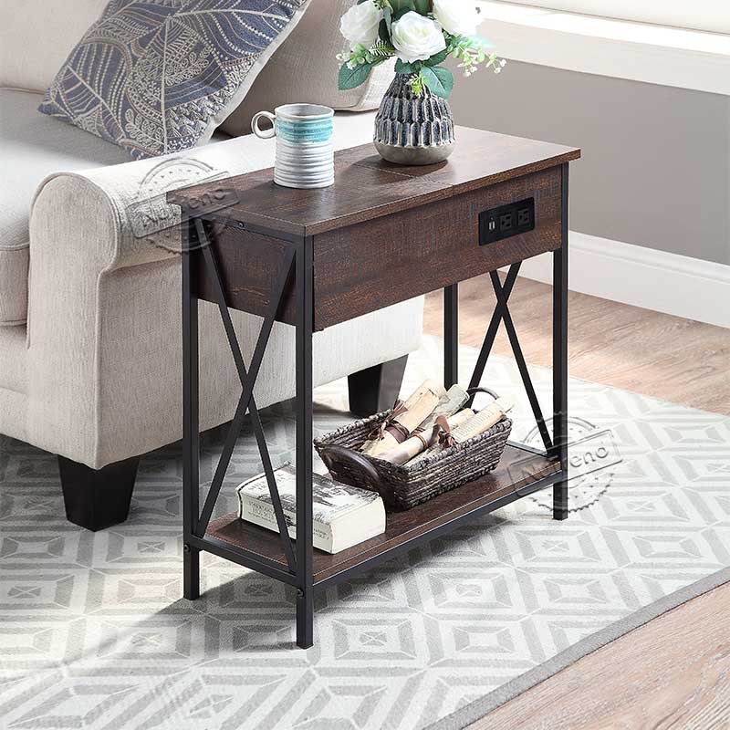 Metal Frame Embossed Paper Slim Sofa End Table with Storage and USB Charging Station 203517