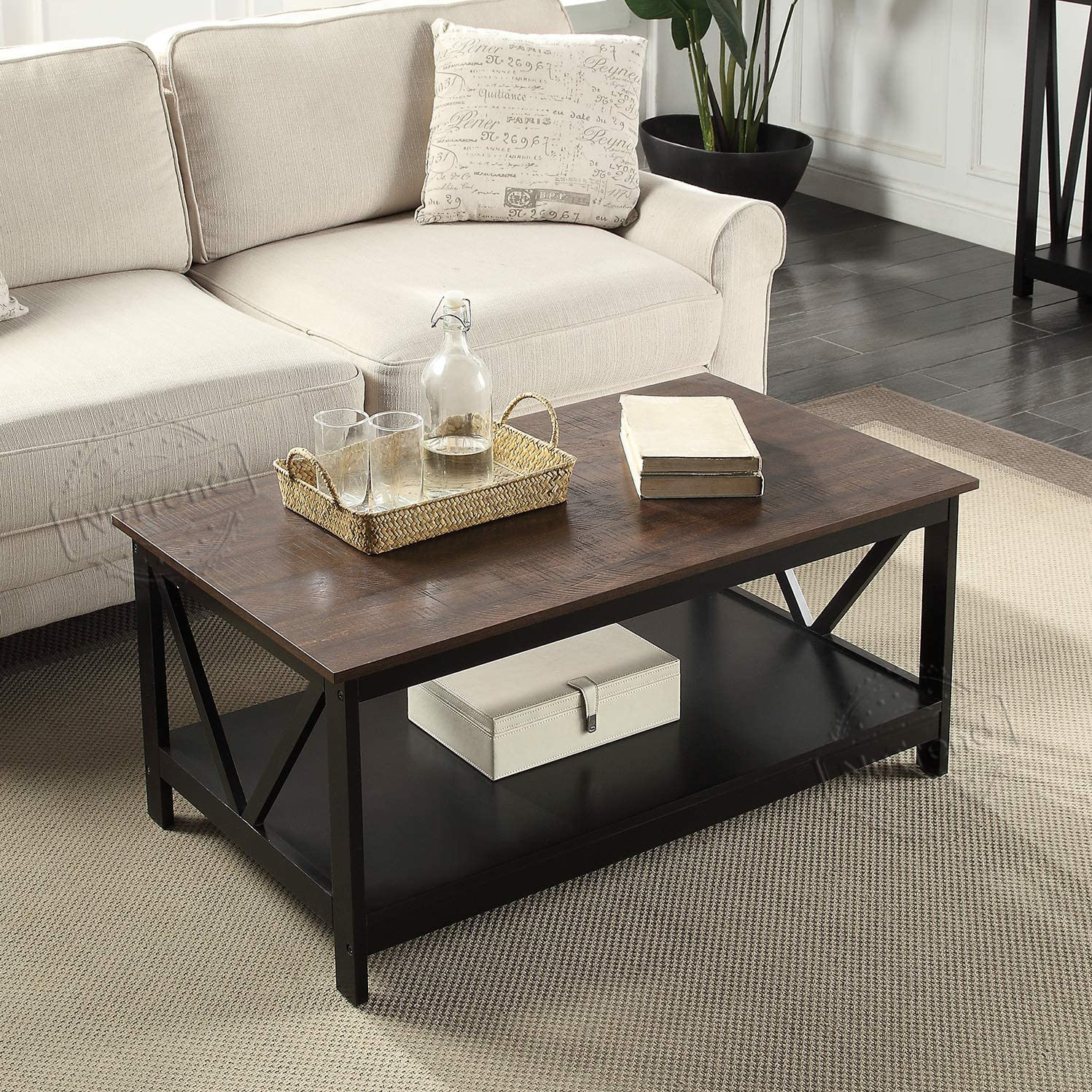 Black Coffee Table with Storage Shelf,Wood Industrial Coffee Tables for Living Room,Small Size 40″ Mid Century Modern 203531
