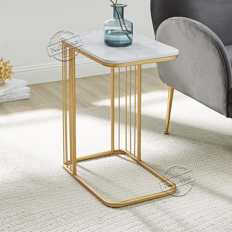 Contemporary Wood Marble Top And Gold Metal C End Table 203549