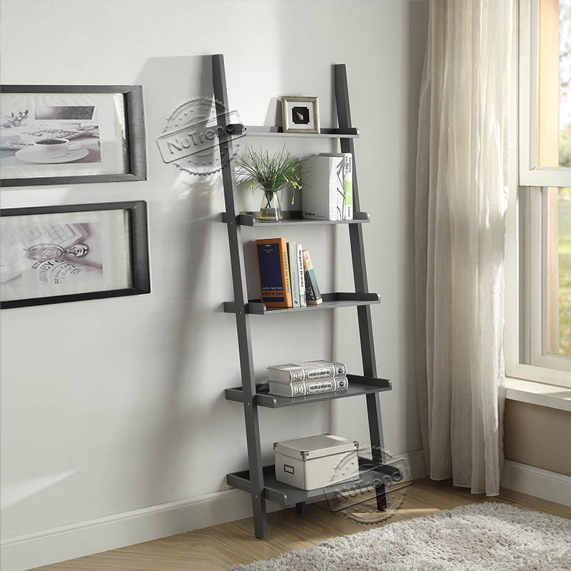 China Black Leaning Ladder Shelf, 5 Tier Leaning Wall Bookcase Shelf In White
