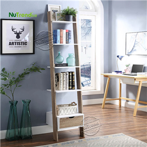 502120 Narrow Wooden Ladder Shelf with Drawer Storage Ladder Bookcase
